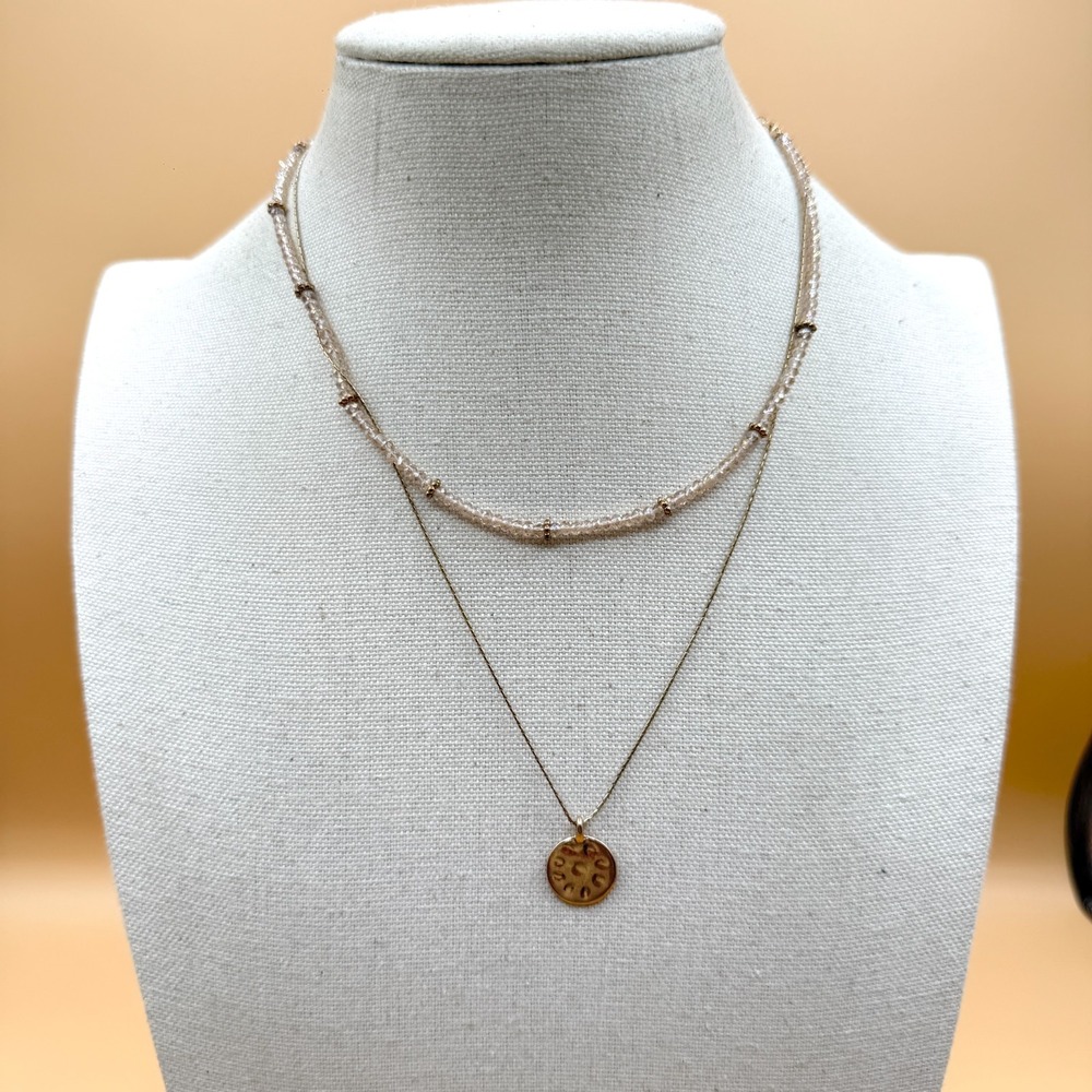 Gold Tone Layered Beaded Necklace Crystal Strand Round Disc Pendant Adjustable